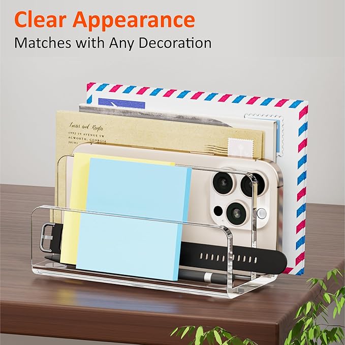 Desk Mail Organizer, 2 Section Clear Acrylic File Holder Letter Organizer, Vertical Lightweight Modern Envelope Holder Desk Accessories & Workspace Organizers for Office, Home, School