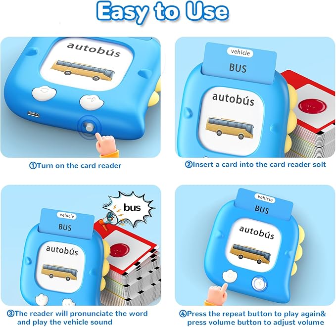 Kidzdo 520 Bilingual Spanish English Talking Flash Cards, Birthday Gifts Easter Present for 2 3 4 5 6 Year Old Boys and Girls, Pocket Speech Therapy Toys, Portable Toddlers Toys, Blue