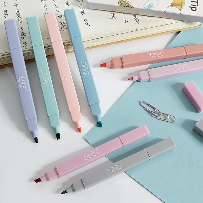 Vitoler Highlighters Pastel,8 Pack Chisel & Fine Tips Bible Highlighters,Soft Tip Highlighter Set for School Office Supplies