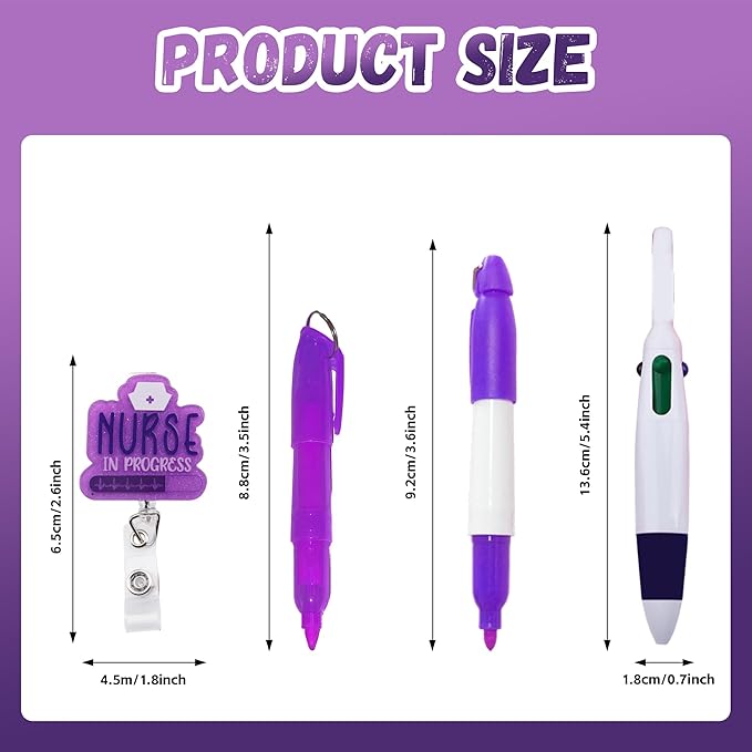 Student Nurse Pen Set Badge Reel Holder Accessories Clip, Retractable Mini Nursing Pen & Light Tool Set， Highlighter pens and Highlighter pens（Purple）