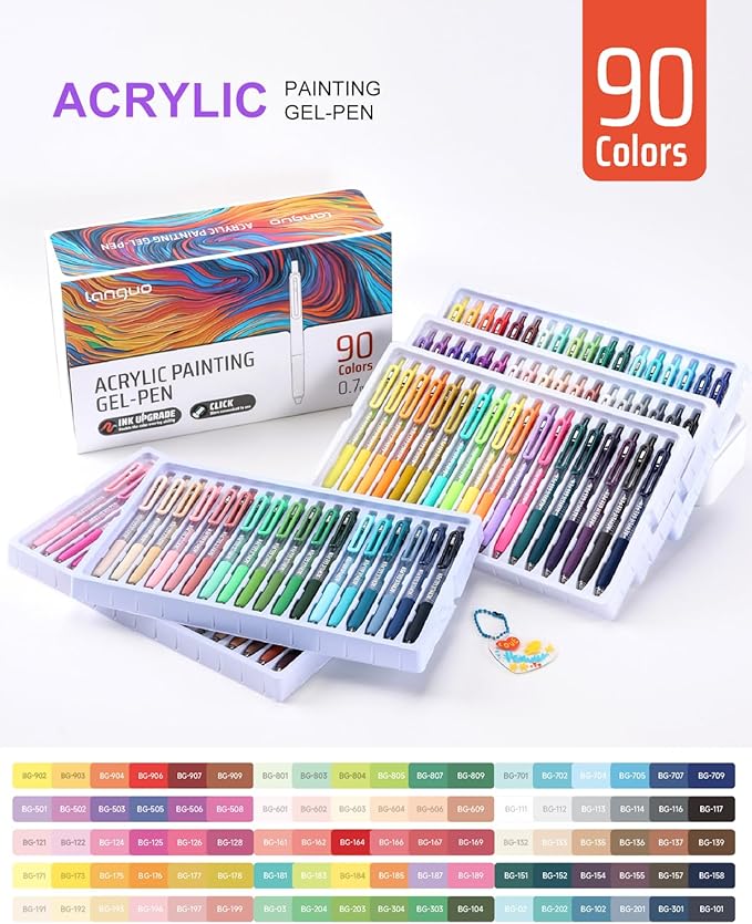 Acrylic Colored Pens Set, 90 Colors Retractable Gel Ink Pens, 0.7mm Fine Point Colorful Pen for Black Paper, Rock, Glass, Fabric and Art Crafts Supplies, Color Pen for Journaling Note Taking