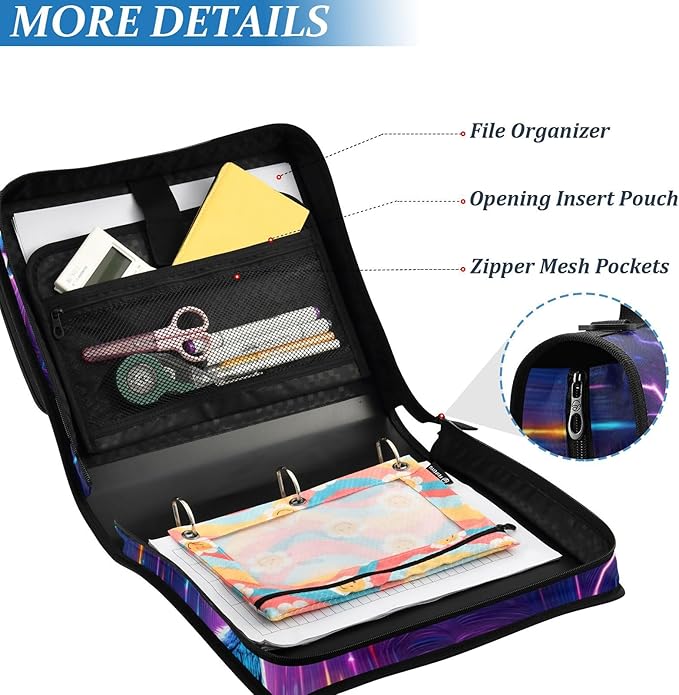 Galaxy Forest Wolves Zipper Binder Bag 3 Ring Binder with Shoulder Strap Zip Up 500 Sheets Capacity Multi Pockets for School Office Supplies