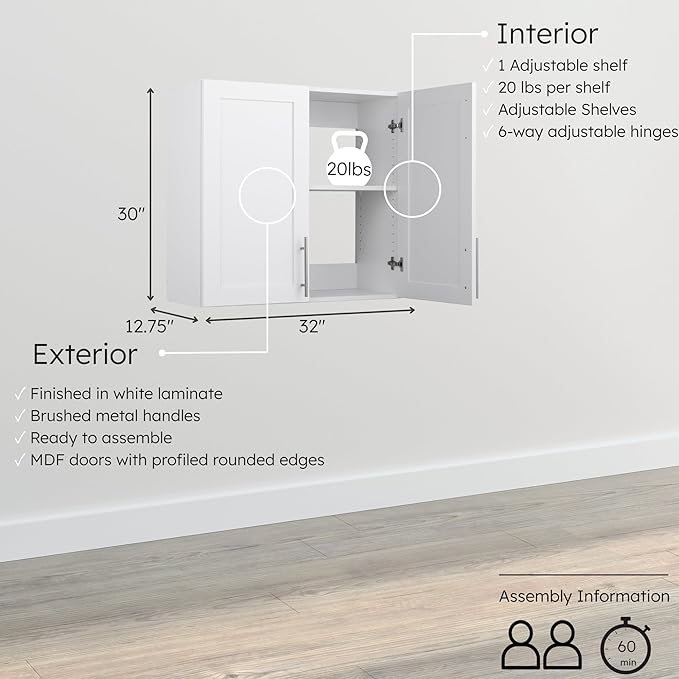 Prepac Elite 32'' Bathroom Wall Cabinet with Panel Doors, Wood Kitchen Pantry Cabinet, Wall Hanging Laundry Room Cupboard with 1 Adjustable Shelf for Kitchen, Laundry Room and Bathroom, White