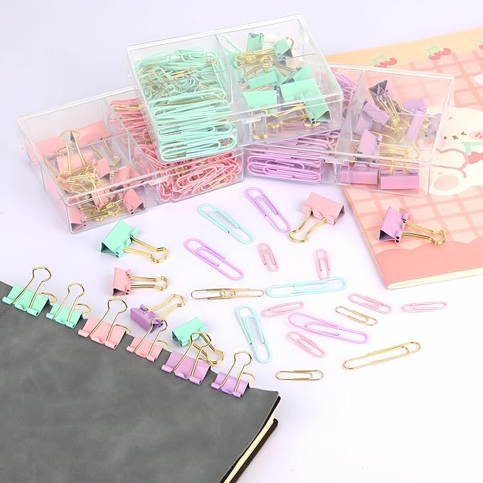 Cute Paper Clips Binder Clips Combo Set, 165 Psc, Assorted Size Paper Clips for Office, Cute Office Supplies Set, Green