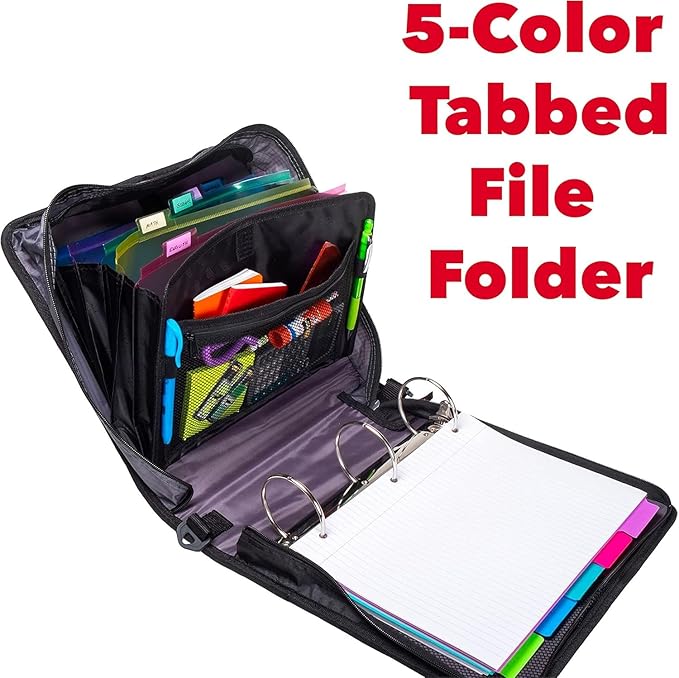 Case-it The Mighty Zip Tab Zipper Binder - 3 Inch O-Rings - 5 Color Tab Expanding File Folder - Multiple Pockets - 600 Sheet Capacity - Comes with Shoulder Strap - Jet Black D-156-N-C