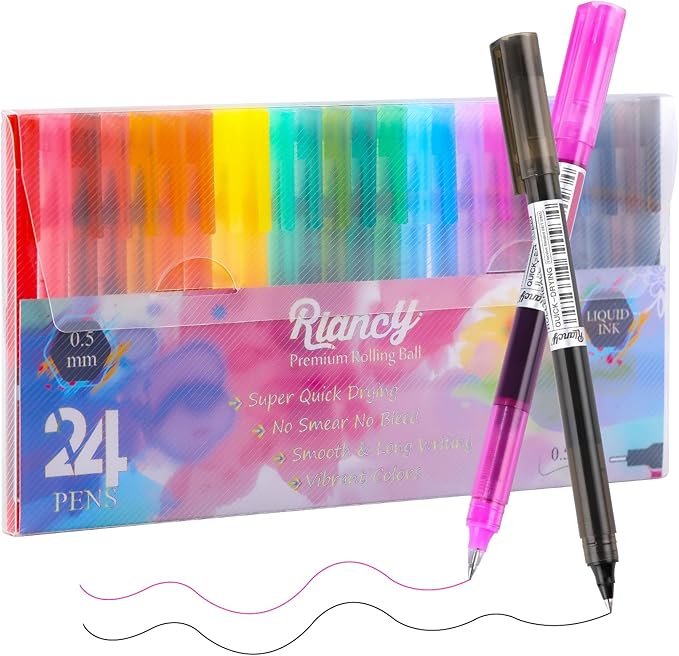 RIANCY Fine Point Colored Pens 24 Colors 0.5mm Gel Ballpoint Pens Assorted Colors Liquid Ink Pens No Smear Vibrant Colorful Writing for Journaling Note Taking Doodling Coloring Office School Supplies