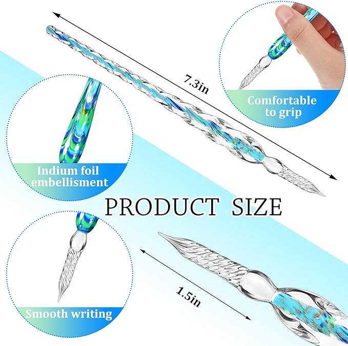 Zonon Glass Dipped Pen Ink Set 14 Pcs Include 6 Pcs Glass Dip Pen, 6 Colorful India Ink and 2 Holder Crystal Signature Calligraphy for Art, Writing, Gift(Blue Color System)