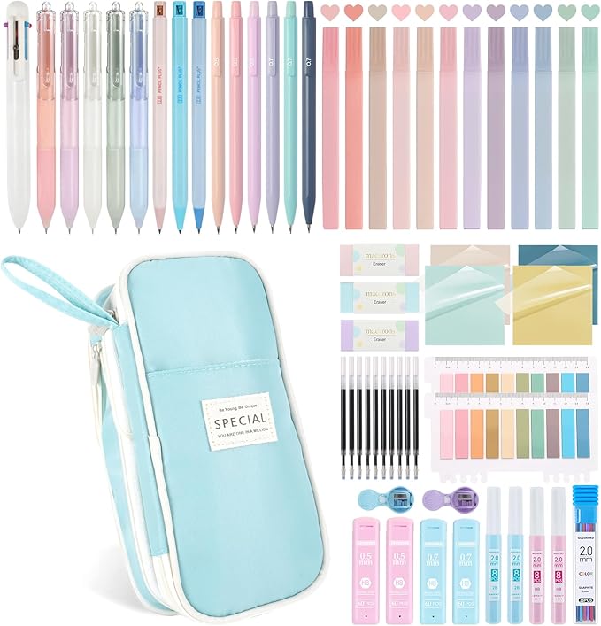 58 PCS Aesthetic School Supplies with Cute Pencil Case,12 Pastel Highlighters, 5 Gel Pens Black Ink，9 Mechanical Pencils for，Student Stationary，CollegeEssentials Gifts (Blue)