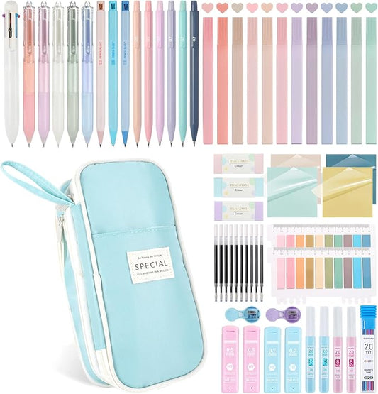 58 PCS Aesthetic School Supplies with Cute Pencil Case,12 Pastel Highlighters, 5 Gel Pens Black Ink，9 Mechanical Pencils for，Student Stationary，CollegeEssentials Gifts (Blue)