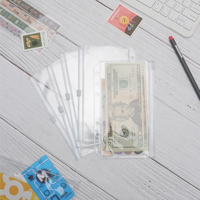 12PCS A6 Clear Zipper Binder Pockets - 6 Holes Pouches Bag for Loose-Leaf Journal Budget Filing