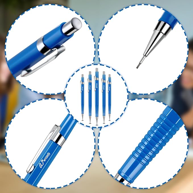Gueevin 24 Pcs Mechanical Pencil Metal Penpoint Mechanical Pencil Retractable Automatic Drafting Pencils Refills for Writing Drawing Signature (0.7mm,Blue)
