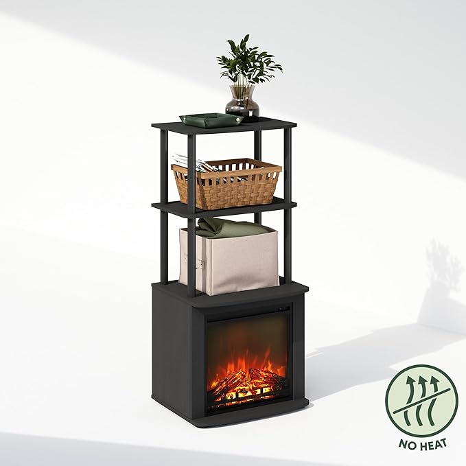 Furinno Turn-N-Tube Side Table, 3-Tier NO Heat Fireplace End Table with Open Shelf, Electric Fireplace Display Night Stand, Bedside Table, for Living Room, Bedroom, Americano/Black