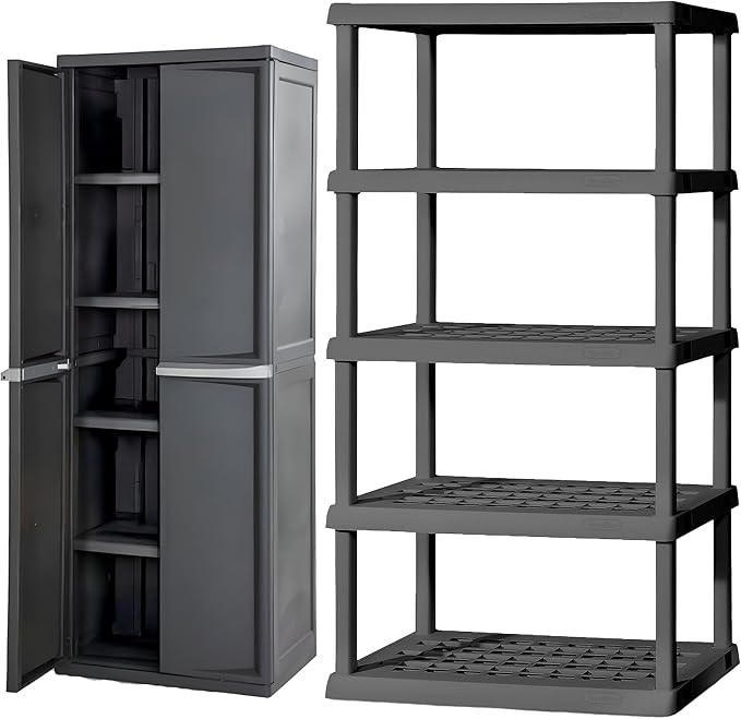 Sterilite 5 Shelf Plastic Storage Unit Bundled with Easy to Assemble Storage Cabinet for Garage, Pantry & Kitchen Organization, 4 Shelves, Gray
