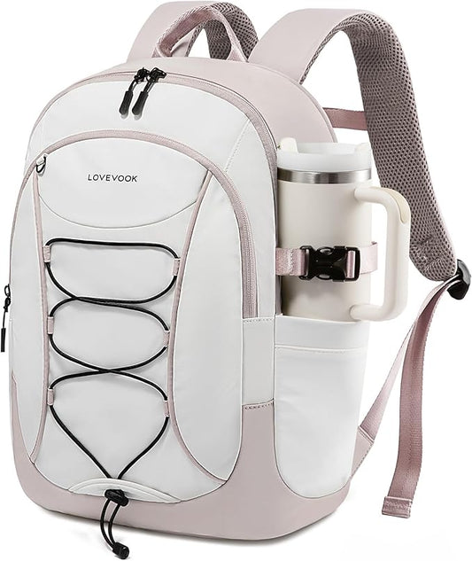 LOVEVOOK Mens Backpack with Giant Tumbler Holder Pocket,15.6 Inch Everyday Laptop Backpack Commuter Travel Work Computer Bag for Women,Casual Hiking College Teacher Back Pack Daypack,White-Beige Grey