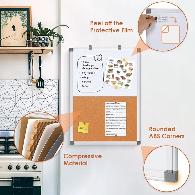 S SWANCROWN Dry Erase Board Cork Board Combo, 24"x18" Magnetic White Board and Bulletin Pin Board Combination,Hanging Wall Mounted Vision Board for Home, School, Office,Silver Frame