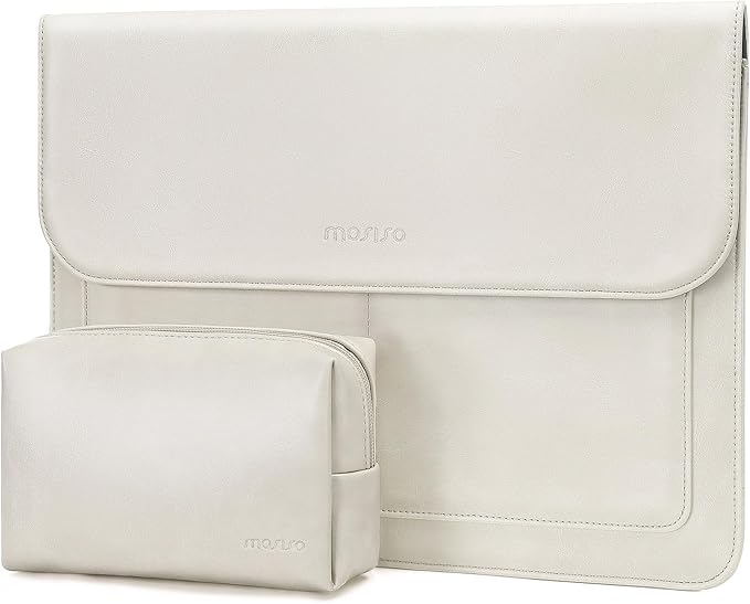 MOSISO Laptop Case 13.3 inch, 13-13.3 inch Laptop Sleeve Compatible with MacBook Air/Pro 13 / Pro 14, HP Dell ASUS Lenovo Notebook, PU Leather Flap Carrying Case with Stand&Small Pouch, Beige