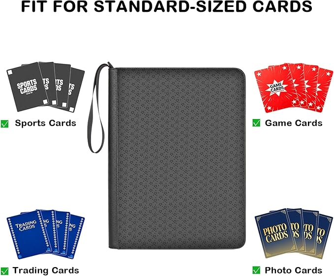 Card Binder 9 Pocket - 432 Cards, Premium Durable & Rigid PU Leather, 24 Page Zippered Side-Loading for Baseball, TCG, Trading & Sports Cards (Professional Black)