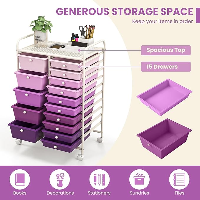 COSTWAY 15 Drawer Rolling Storage Cart, Mobile Utility Cart with Lockable Wheels, Drawers, Multipurpose Organizer Cart for Home, Office, School, Gradient Purple