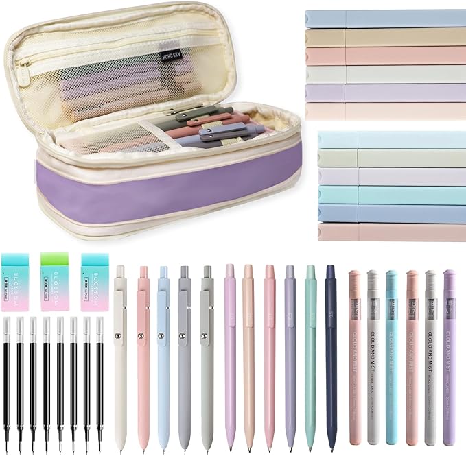 41 PCS Aesthetic School Supplies with Cute Pen Case, 5 Black Ink Gel Pens, 12 Pastel Highlighters, 6 Mechanical Pencils Set 0.5 & 0.7 mm for School Supplies Essentials (Purple)