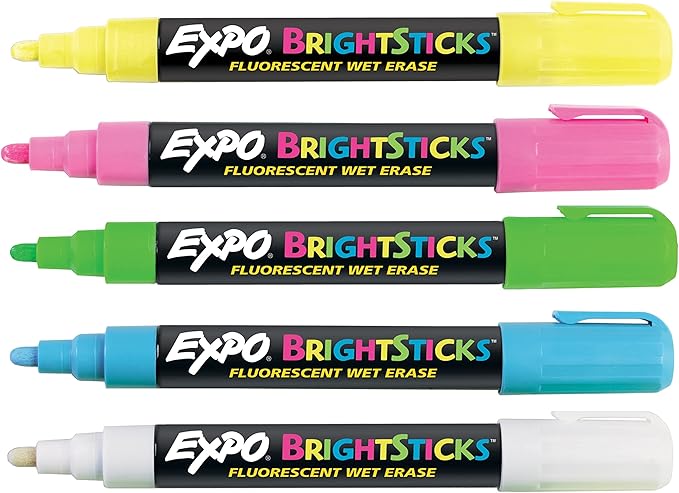 EXPO Bright Sticks, Wet Erase Fluorescent Markers, Bullet Tip, Assorted Colors, 5 Count - Whiteboard, Calendar, Organization, Teacher Supplies