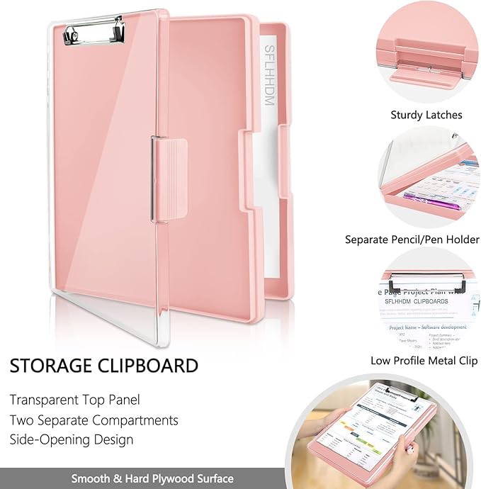 SFLHHDM Clipboard with Storage,Heavy Duty Clip Boards 8.5x11 with 2 Storage Case,Clear Visible Panel Storage Clipboards,Side Opening Nursing Clipboard Folder for Office Supplies-Pale Pink