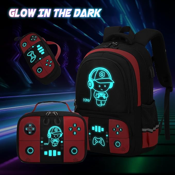 Bevalsa Backpack for School Boys, Cool Luminous Gamer Boys Backpack with Lunch Box & Pencil Pouch Set for Kids Children Teens Elementary Middle Schools, Schoolbag Bookbag Glow In The Dark (Red)