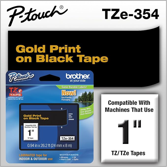 Brother Genuine P-Touch TZE-354 Tape, 1" (24 mm) Standard Laminated P-Touch Tape, Gold on Black, Laminated for Indoor or Outdoor Use, Water-Resistant, 26.2 ft (8 m), Single-Pack