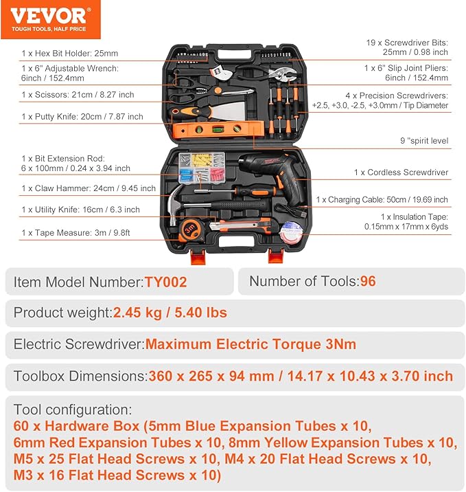 VEVOR Tool Kit, 96 Piece General Household Hand Tool Set, with Cordless Screwdriver and Portable Tool Storage Case, Steel, for Home Maintenance, DIY Projects, and Automotive Repair