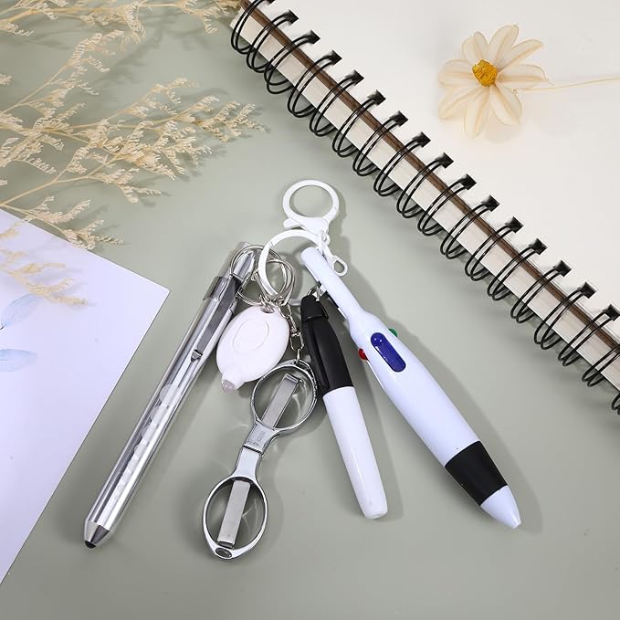 6 Pcs Nurse Pens for Badge Set,Nurse Badge Accessories with Reel Pen,Nursing Accessories Healthcare with Pens,Highlighter and Permanent Marker Pen and Led Keychain Foldable Scissors(White)