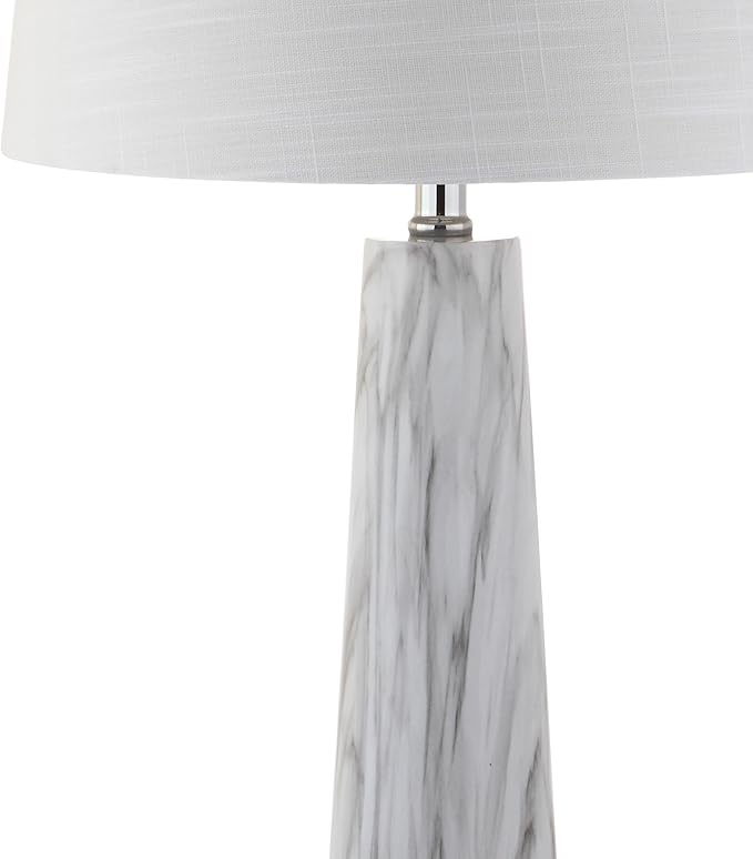 JONATHAN Y 29" White/Black Faux Marble Resin Table Lamp, Modern Glam Bedside Nightstand Lamp for Living Room, White Linen Drum Shade, UL Listed, LED Bulb Included JYL1002A