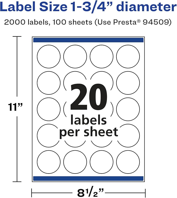 Avery Glossy White Round Labels, Sure Feed Technology, 1.75" Diameter, 2,000 Glossy White Labels, Print-to-The-Edge, Permanent Adhesive, Laser/Inkjet Printable