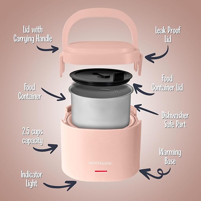 Nostalgia Portable Heated Lunch Box – 2.5-Cup Stainless Steel Food Warmer – Detachable Cord, Leak-Proof Lid, Carry Handle – Portable for Work & Travel – Cherry Blossom