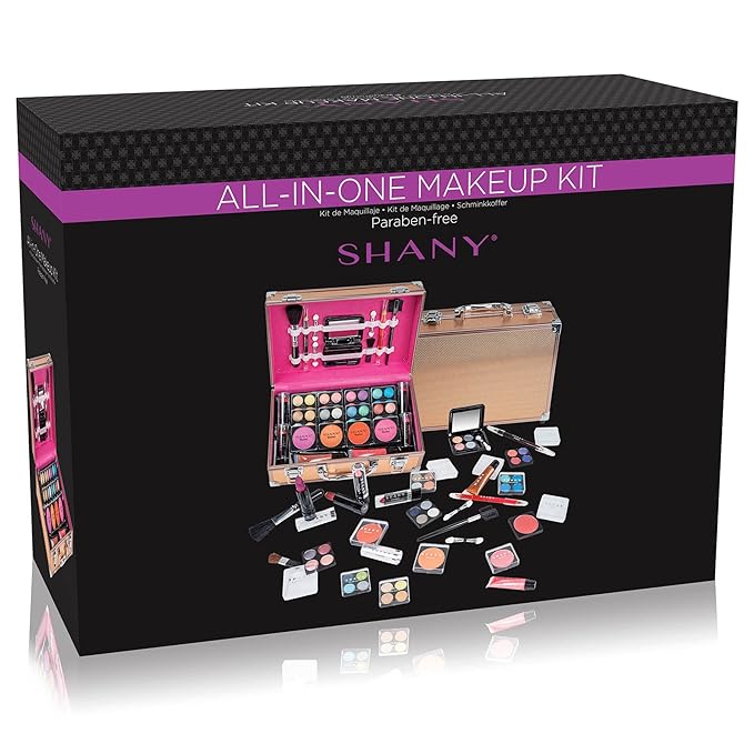 SHANY Carry All Make up Train Case with Pro Makeup Set, Beauty Brushes, Lipsticks, Eye Shadows, Blushes, Powders, and more - Reusable Cosmetics Storage Organizer - Premium Gift Packaging - Rose Gold