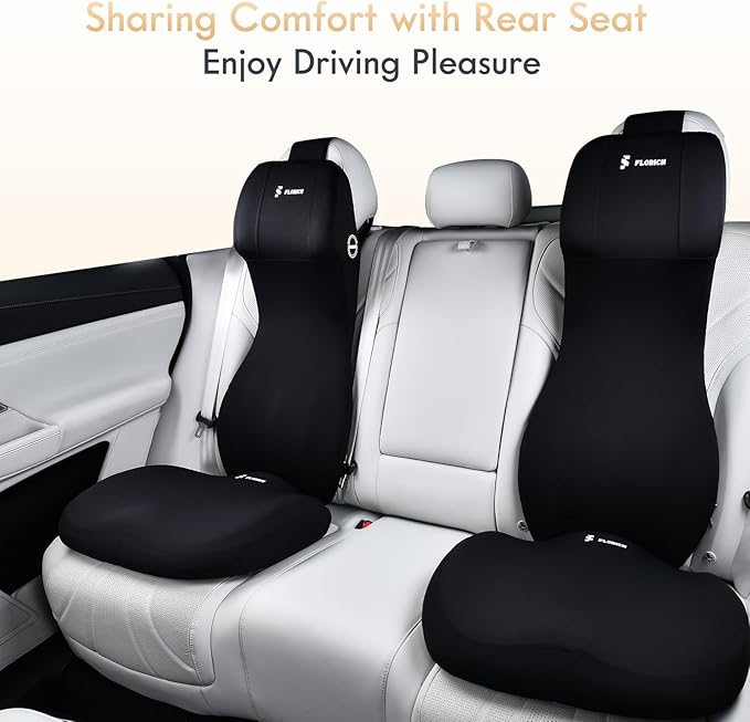 FLORICH Car Seat Cushion and Lumbar Support Headrest Pillow Memory Foam Ergonomic Car Cushion Back Neck Support Pillow Sciatica & Back & Tailbone Pain Relief Cushion for Car Seat Driving, Black