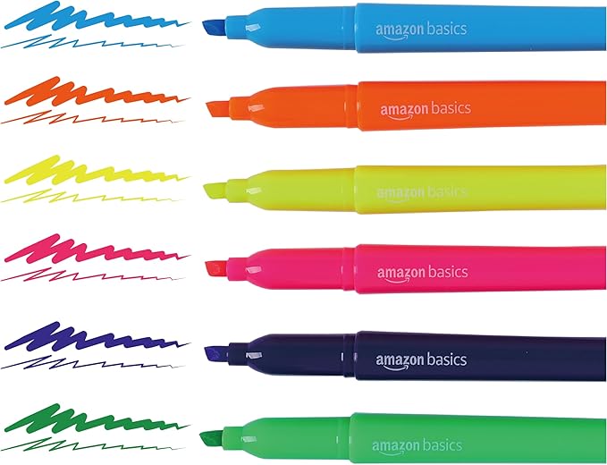 Amazon Basics Chisel Tip Highlighters, Fluorescent Ink, Vibrant Assorted Colors, School Supplies, 24-Pack