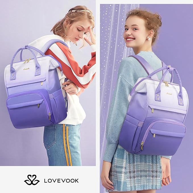 LOVEVOOK Gradient Laptop Backpack for Women,15.6 Inch Work Computer Bakcpack Purse Laptop Bag With Anti-Theft Pocket,Waterproof Carry on Teacher College Backpack for Travel,Purple-White