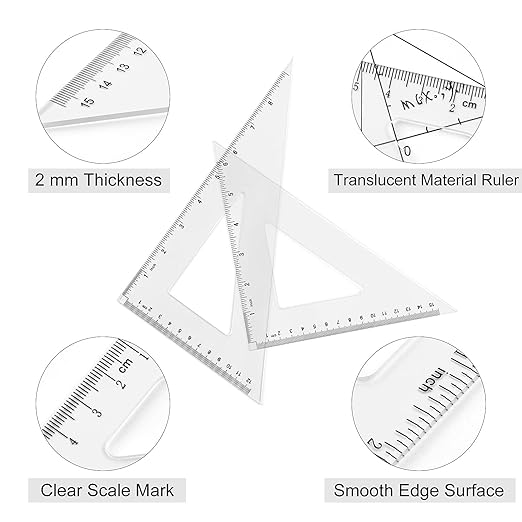Coopay 12 Inch Math Geometry Tool Plastic Ruler Square Set Includes Straight Ruler, Triangles, Protractor for Student School Office Supplies (Clear)