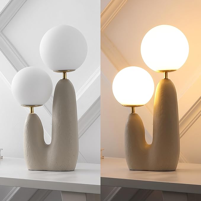JONATHAN Y 17.75" Almond/Brass Gold Modern Bohemian Danish Cactus LED Table Lamp, 2-Light Mid-Century Minimalist Desk Light for Bedroom Living Room, Frosted Glass Globe Shades (JYL4065C)
