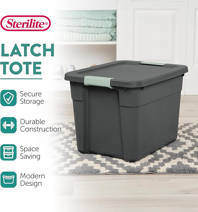 Sterilite 12 Pack Latch Tote, Stackable Plastic Storage Container, 12 Gallon, Gray/Green