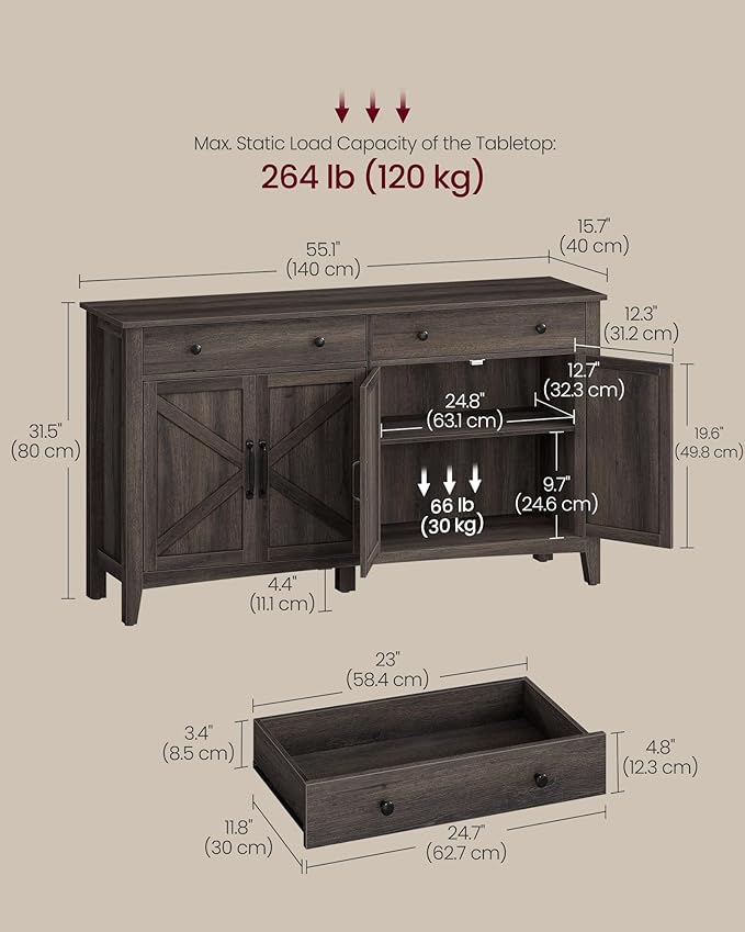 VASAGLE LIRY Collection - Buffet Cabinet, Coffee Bar Cabinet with 2 Drawers, Adjustable Shelves, Sideboard Storage with Cable Holes, Drawer Dividers, Taupe Brown UBBK381TA01S