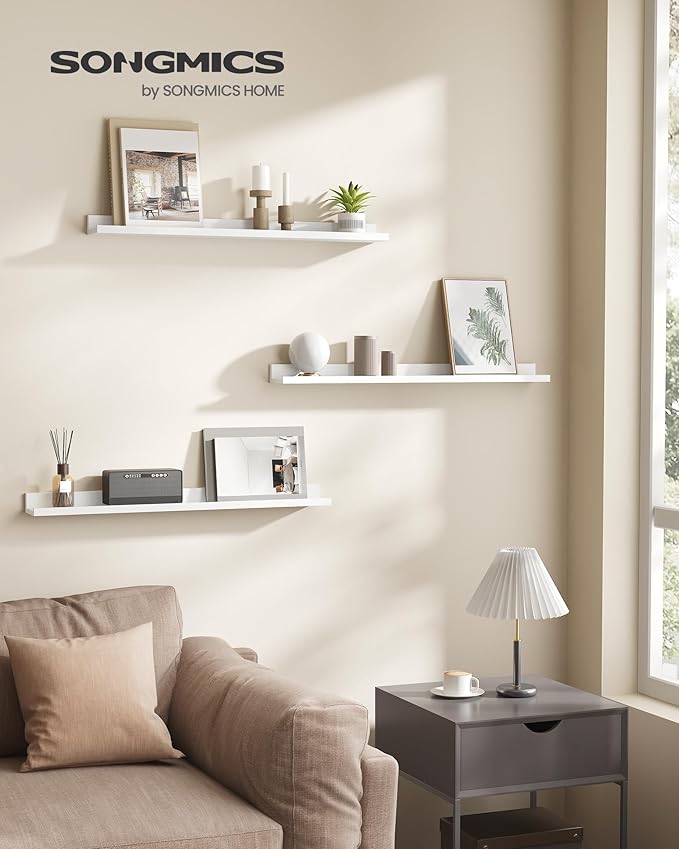 SONGMICS Floating Shelves, Set of 3 Wall Shelves, 31.5-Inch Wide, for Photo Frames and Trinkets, for Living Room, Home Office, Kitchen, Bathroom, White ULWS081W01