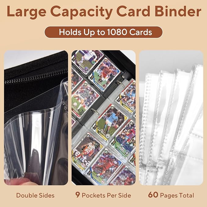 Baseball Card Binder 9 Pocket, 1080 Pockets Trading Card Binder with Zipper, Portable Collector Card Album Storage Organizer for Sports Cards, Game Cards, Gifts for Kids