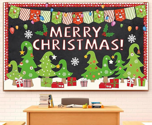 Christmas Bulletin Board Decorations Christmas Tree Bulletin Board Set Merry Christmas Classroom Decorations Xmas Gift Boxes Tree Cutouts Banner for Holiday School Chalkboard Wall Door Decor