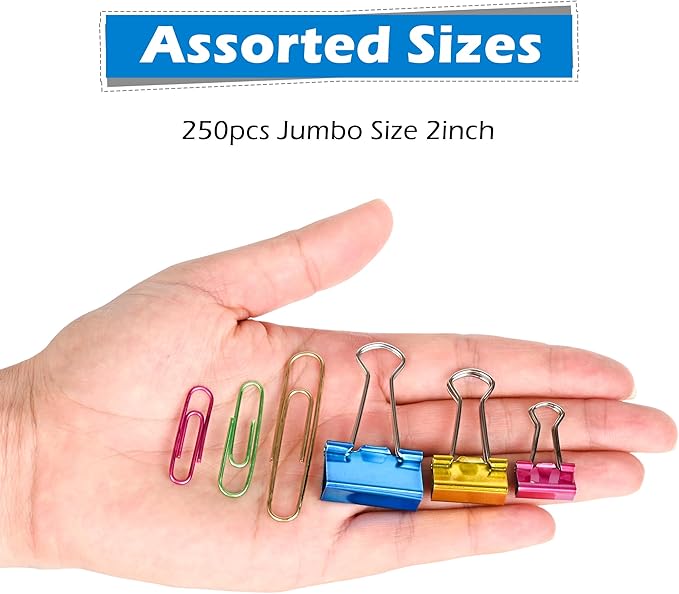 Colorful Paper Clips Binder Clips Set, 250pcs Assorted Size Colored Paperclips Large, Medium & Small Size, Paper Clips for Paperwork Office School Supplies and Desk Essentials