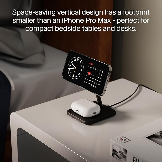 Twelve South HiRise 2 Deluxe 2-in-1 Wireless Charging Station for Apple Devices - Qi2 MagSafe Charger, Fast Wireless Charger Stand for iPhone 15 14 13 12 Pro & Max Series, AirPods Pro/3/2, Black