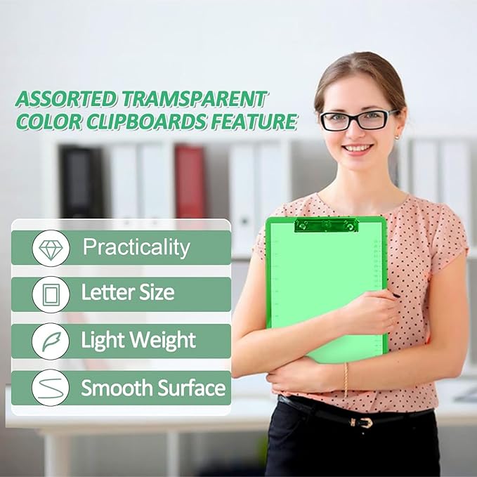 Plastic Clipboards, PANDRI 6 Pack Clear Colored Clipboards, Low Profile Clip Board 12.5 x 9 Inch Standard Letter Size, Office Supplies Classroom