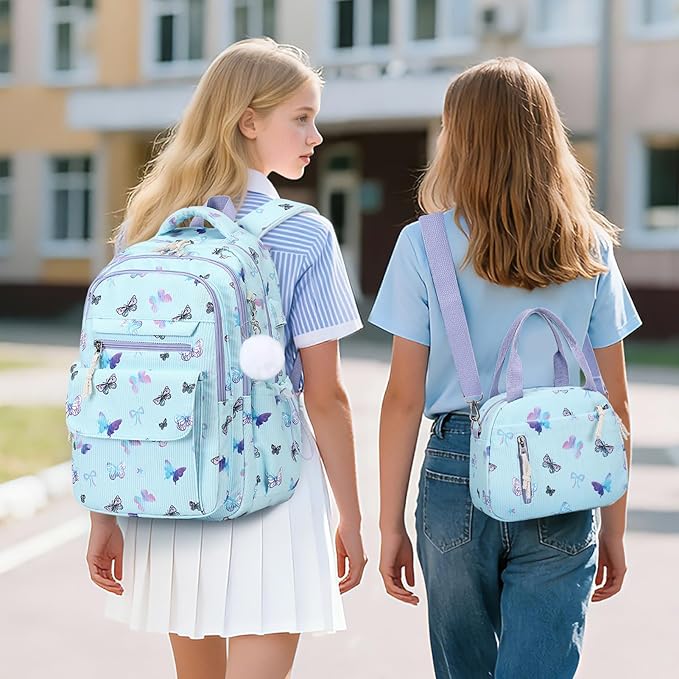Bevalsa Backpack for Gilrs, 3PCS Corduroy Kids Backpack Set with Lunch Box & Pencil Pouch, Bookbag Daypack Laptop Bag for Women Teens Elementary Middle High School
