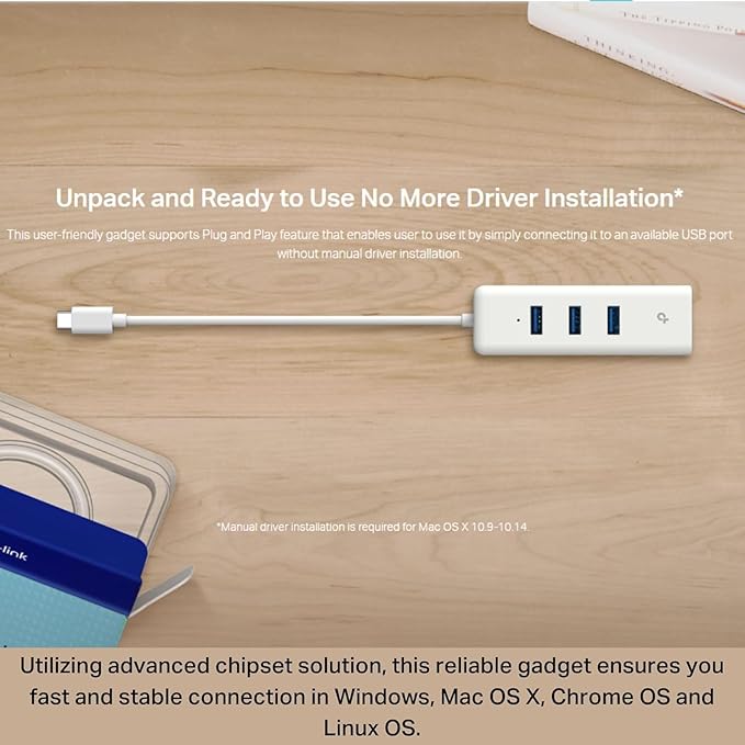 TP-Link UE330C USB-C 3.0 to Ethernet Adapter | Portable 3-Port USB-A 3.0 Hub w/ 1 Gigabit RJ45 Ethernet Port | Laptop Network Adapter | Plug & Play | Supports Win 7/8/8.1/10/11, Mac OS X (10.9-10.15)