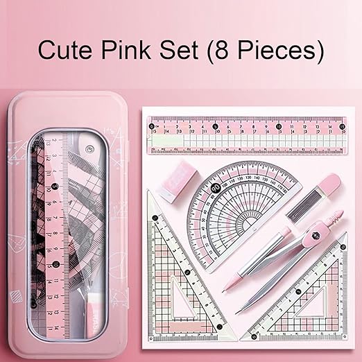 8 Pcs Pink Geometry Set Cute Compass Set with Maths Protractor Rulers, Math Set for Drawing Measuring Tools, Kawaii Ruler Kit for Class Women Girls School Supplies (Pink)