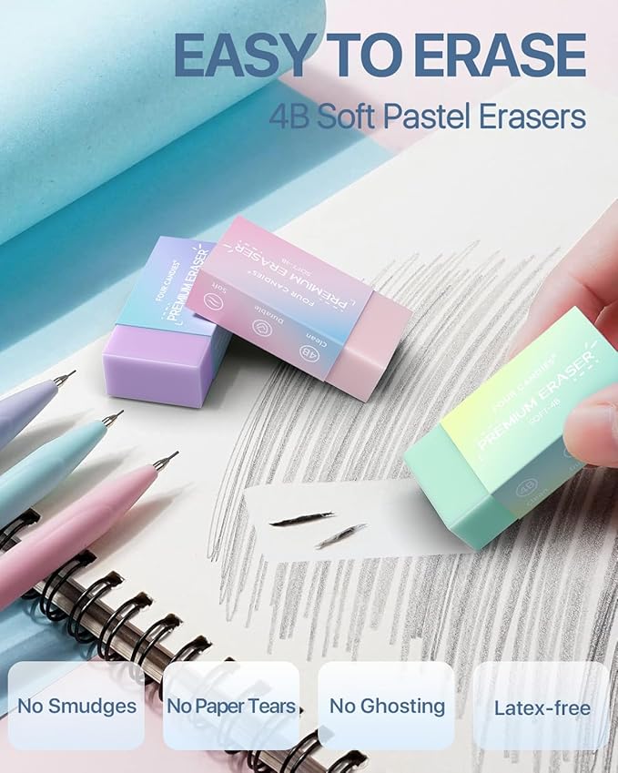 Four Candies Mechanical Pencils 0.5, with HB & 2B Lead Refills 0.5mm, Pastel Eraser Set & Eraser Refills, 16-Count Pack with Case, Cute Aesthetic School Supplies for Writing, Drawing and Drafting